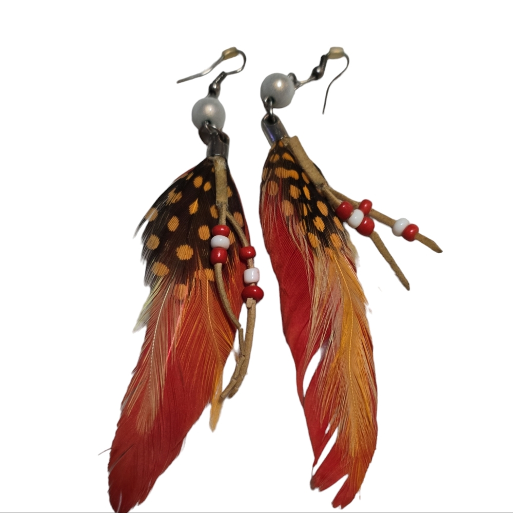 Beautiful Handmade Red Native Dangle Feather Earrings